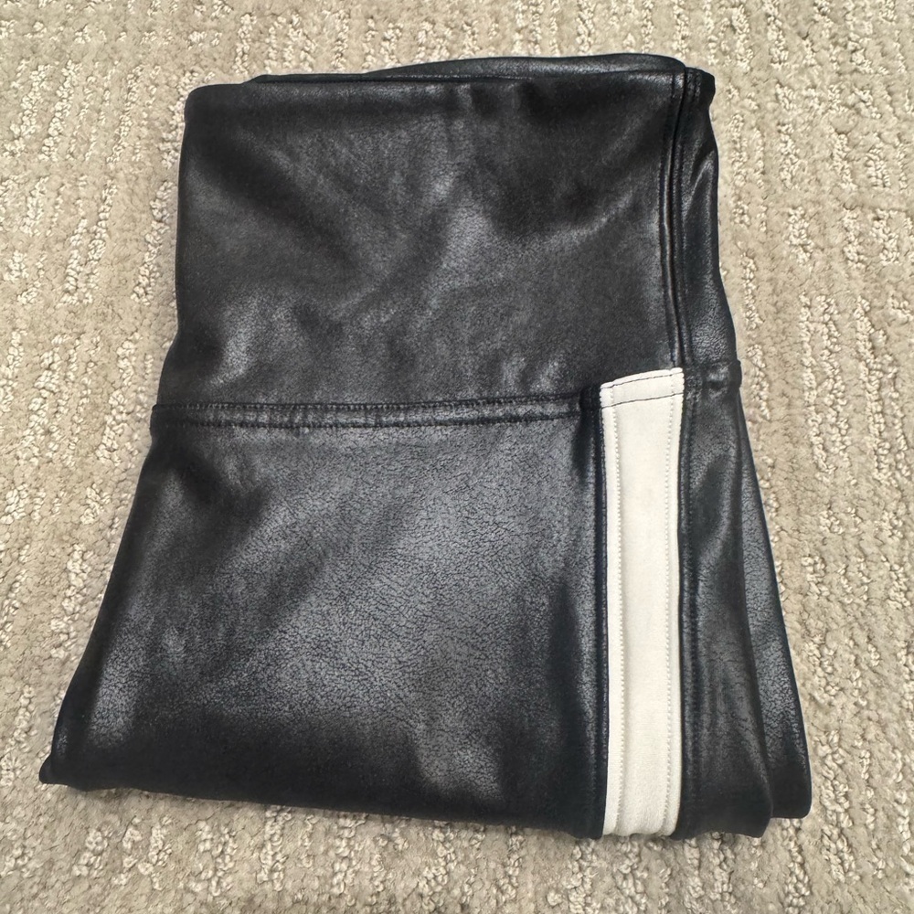 SPANX Black Faux Leather Leggings with White Stripe - Picture 2 of 6
